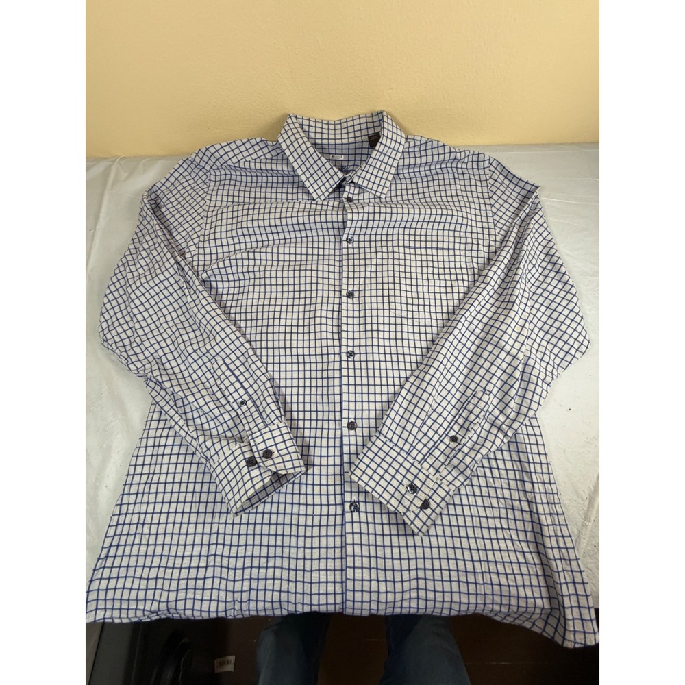Tasso‎ Elba Mens XL Blue White Grid Check Cotton Long Sleeve Button Down Shirt